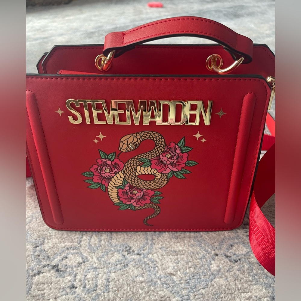 Steve Madden Red Crossbody Bag with Snake and Floral Design
